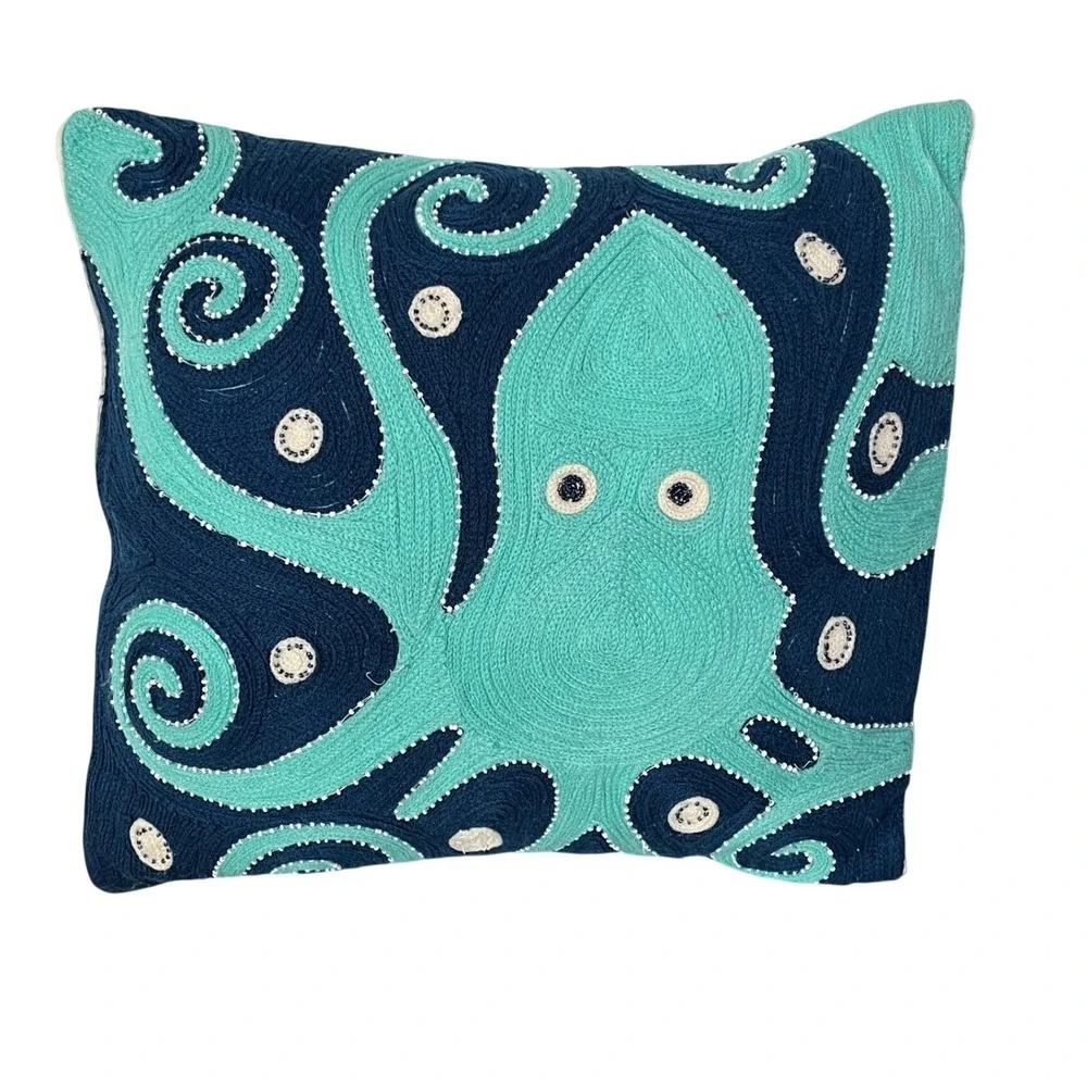 Pottery Barn Kids Octopus Pillow Kids‎ 16x16 Blue Embroidered Nautical Coastal